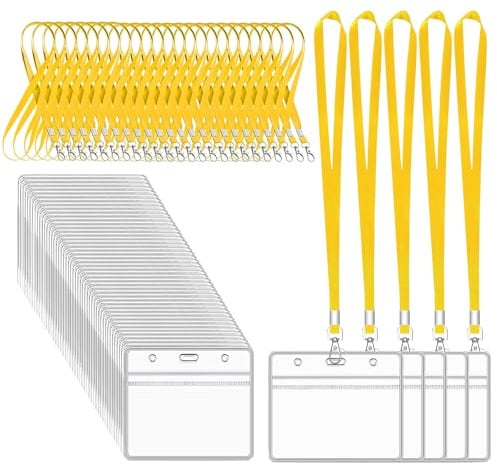 XHDA 50Pcs Yellow Lanyards for Neck with Clear Card Holders