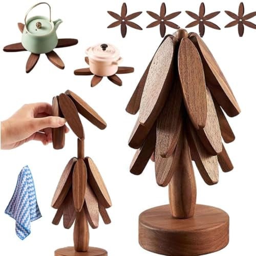 Wood Trivet 2024 Wooden Trivets for Hot Dishes Foldable Trivet Table Pad Tree Shape Trivet Set Coaster for Hot Dishes Bowl Teapot Hot Pot (Walnut-A-4 Levels)