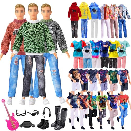 25 Pcs Doll Clothes Set for Boy Doll, 1 Casual Hooded Sweatshirt or Overcoat, 2 Tops 2 Pant 1 Short 2 Sportswear Guitar Boot Sneaker Hat Glasses Bag Headset, for 12in Boy Doll Accessories Random Style