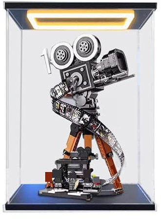 HCAEIOFJ Transparente Acryl-Vitrine für Lego Disne 43230, anwendbar für Walt Disney Tribute-Kamera-Displaybox, Geschenk (nur Vitrine) (schwarze Unterseite + oberes Licht)