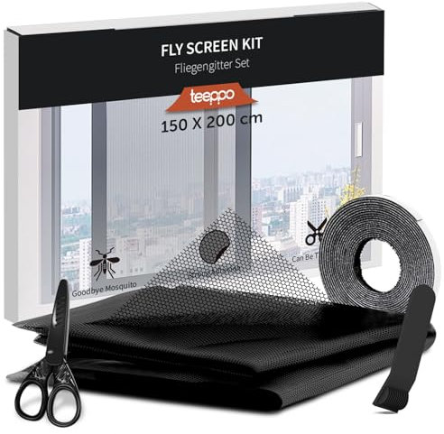teeppo Zanzariera Finestra 150x200 cm Autoadesiva Bianca - Rete Zanzariere Tagliabile su Misura con Adesivo Magic Tape - Installazione Istantanea Senza Fori, No Drill (Nera)