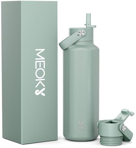 Meoky Stainless Steel Water Bottle: 532ml Insulated Water Bottle with Straw and Flip Lid - Keeps 24 Hours Cold & 12 Hours Hot - BPA-Free for School Bag - Teenagers Commuters, Sage