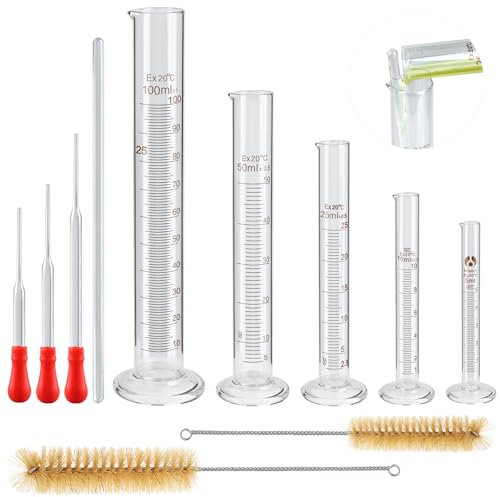 5 Stück Graduated Messzylinder Glas Set, 5ml/10ml/25ml/50ml/100ml Measuring Cylinder mit 3*Glaspipetten, 2*Bürst für Reagenzglas und 2*Glasrührstab für Labor, Schulen