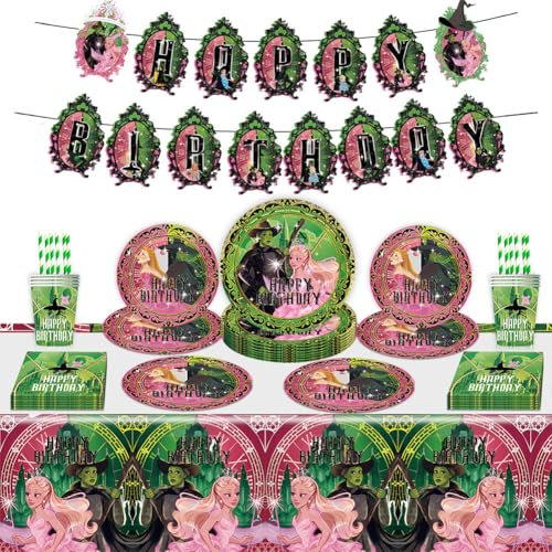 62pcs Magical Witch&Princess Birthday Tableware,Wick Themed Party Table Decoration, Include Paper Plates Cups Happy Birthday Banner Tablecloths Tissue For Kids Birthday Elpha-ba Party Decor Supplies