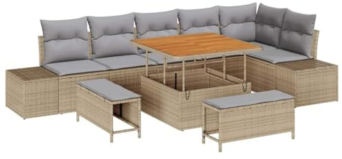 vidaXL Garten-Sofa-Set mit Kissen 9 pcs Beige Poly Rattan, Garten und Terrasse, modernes, modulares Gartenmöbel-Set, UV-beständiges Sofa, leichtes Ratan, gemütliche Lounge