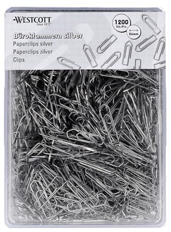 Westcott Büroklammern Silber 1200 Stück | Vorratspack Papierklammern 26mm | Praktische Kunststoffbox | Verzinkt | Aktenklammern für Büro und Haushalt | E-10643 00