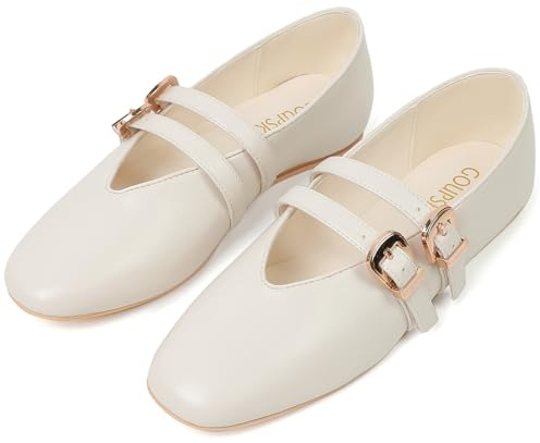 GOUPSKY Mary Jane Shoes for Women Mesh Ballet Flats with Adjustable Double Buckle Strap Comfortable Slip On Dress Shoes for Daily, White, 7.5 UK