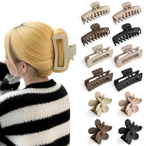 Pinces à Cheveux, Lot de 12 Pince Cheveux Femme Différentes Tailles Antidérapante, Grande Pince Fleur Griffe pour Femmes Epais et Fins, Hair Clip avec 3 Styles, 4 Couleur Différent