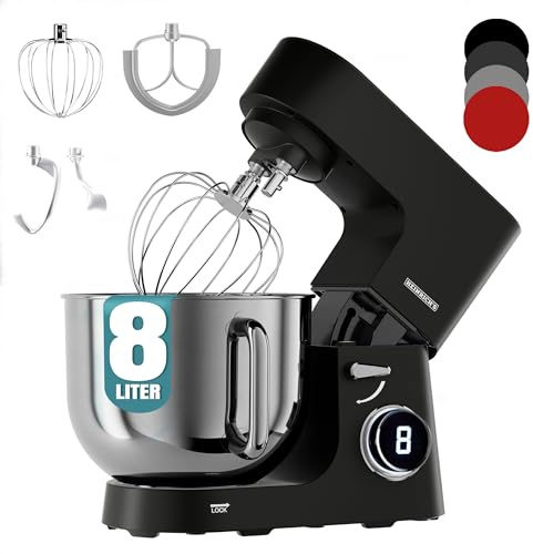 Heinrichs´s Küchenmaschine, Knetmaschine, Teigmaschine, 2500W Küchengerät, Doppel-Knethaken, Rührhaken, Schneebesen, 8 einstellbare Geschwindigkeiten, XXL 8L Edelstahlschüssel,geräuscharm, Schwarz