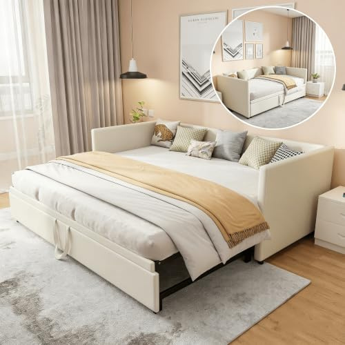 HYNHXBP Canapé Lit Convertible 2 Places 90/180 x 200 cm en Velours Beige avec Sommier à Lattes - Canapé Multifonction Extensible pour Salon ou Chambre