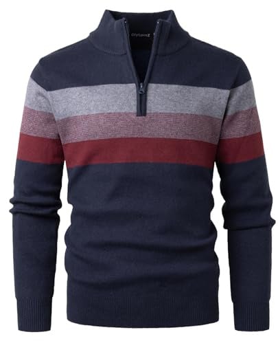 OlyljpinZ Hombre Suéter de Cuello Alto a Rayas Jersey con Cierre de Media Cremallera Manga Larga Cálido Trabajo Pullover Otoño Invierno Jersei Clásico de Canalé Suéter Sweater de Punto