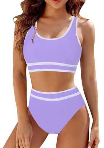 Mayoii 2 Piece Swimsuit for Women Bikini Set High Waisted Bottom Padded Push Up Top Tummy Control Swimwear Swimming Costumes Bathing Suit (UK, Alpha, L, Regular, Regular, Purple)