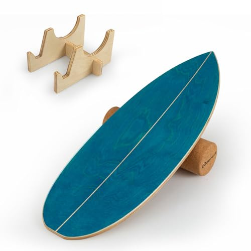 COSTWAY Surfin Balance Board aus Birkenholz, Wackelbrett mit Korkrolle & Halterung, Gleichgewichtstrainer bis 150 kg Belastbar, Surfboard indoor, Balanceboard für Kinder, Erwachsene (Marineblau)