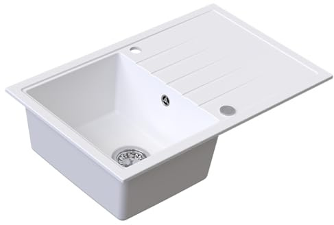 HOMEVELLO Spülbecken AXION Einbecken Granitspüle 79x50x20,5cm Weiß, Hochwertige Küchenspüle mit Siphon, Abtropffläche, Pflegeleicht, Kratzfest, Moderne Design, Perfekt für jede Küche