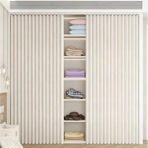 YSZBD Schrankvorhang,Schrank Vorhang Mit Schiene Faltbarer Gardinenvorhang für Offene Kleiderschränke, Staubdichter Blickschutzvorhang ohne Bohren für Schränke,Beige-W80cm/H180cm
