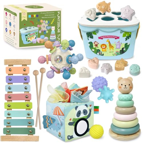 Baby Spielzeug 6 Monate, 6 in 1 Montessori Spielzeug Baby ab 6 9 12 Monate | mit Tissue Box Spielzeug,Xylophon,Holz Stapelringe,Silikonspielzeug,Baby-Sortierspiel mit Sortierbox,Geschenk für Baby
