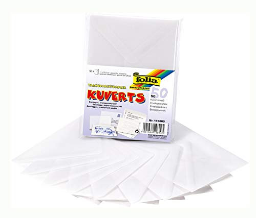 folia 195000 - Briefumschläge, 50 Kuverts aus Transparentpapier, weiß, ca. 11 x 15,5 cm, 115 g/m², passend für DIN A6 Karten, ideal als Briefumschlag bei Glückwünschen, Einladungen und Gutscheinen