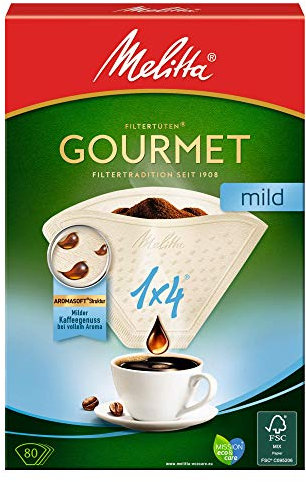 Melitta Gourmet Filtertüten 1x4, Mild, Aromasoft Struktur, Naturbraun, 80 Stück