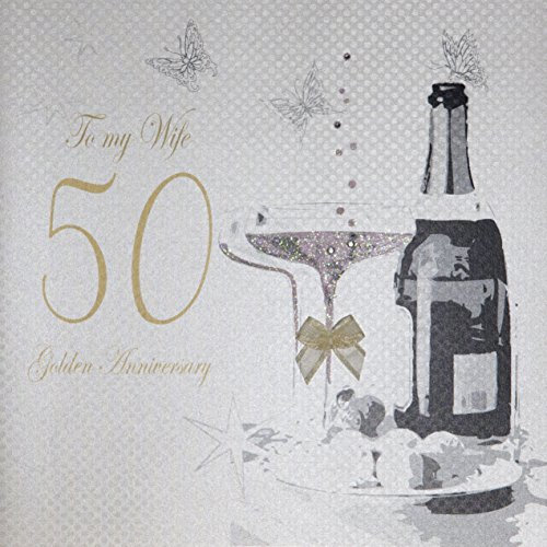 white cotton cards To My Wife Golden Wedding, Large Handmade 50th Anniversary Card (Champagne & Chocolates)