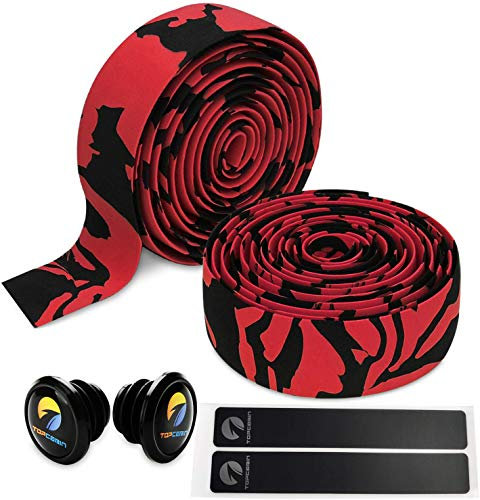 TOPCABIN® Ruban De Guidon De Vélo Ruban de Guidon pour vélo de Route série Camouflage Gel Confort Gel avec Anneaux réfléchissants 2 PCS (Rouge-Noir (1 Paire))
