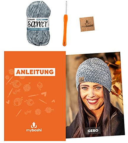 myboshi Häkelset Mütze Gero, inkl. Samt Wolle, Nadel und Anleitung, Häkelpaket, 100% Chenille-Garn Delfin - Blau, mit Häkelnadel