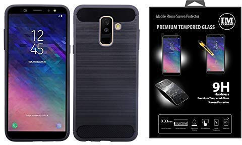 cofi1453 Silikon Hülle Tasche Case + 9H Schutzfolie Echt Glas Zubehör Gummi Bumper Schale Schutzhülle in Carbon-Schwarz kompatibel mit Samsung Galaxy J4 Plus (J415F)
