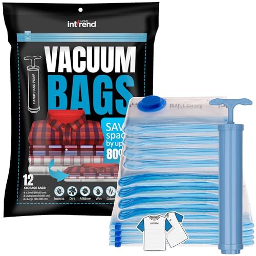 int!rend 12er Set Vakuumbeutel für Kleidung & Bettdecken - 12 Vakuumierbeutel - Vakuum Kleiderbeutel mit Handpumpe & Saugbeutel - 3 Größen - Vacuum Bags for Clothing