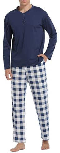 Vlazom Herren Pyjama Set Lang Zweiteiliger Schlafanzug Herren Kariert Flanell Hose und einfärbiger T-Shirt(XXL,Stil A-Marineblau Top+Blau Karierte Hose)