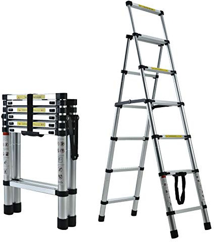 5+6 Step Ladder Aluminum 5.34FT Telescoping Ladder Lightweight Portable A-Frame Ladders with Arm-Design, 330lbs Load Capacity Widen Step Pedal Folding Step Ladder Easy to Transport or Store