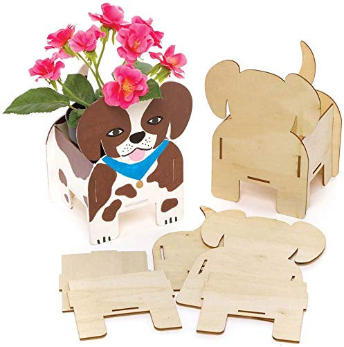 Baker Ross FE375 Hunde-Blumentopf-Bastelsets aus Holz, 3 Stück, zum Selbermachen, Pflanztöpfe für Kinder zum Dekorieren, kreative Aktivitäten für Kinder, Mittel