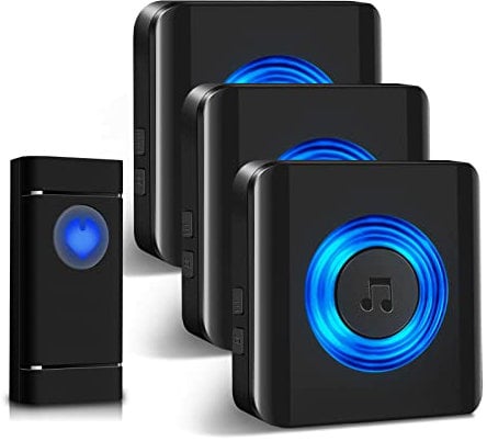 Wireless Doorbell 3 Receivers, Door Chime Kit 400M/1300ft Range, 1 Push Buttons with IP55 Waterproof/58 Melodies/5 Volume Levels/Flash Light for Home, Office - Black