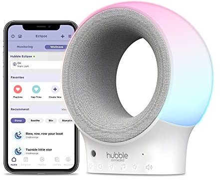 Hubble Connected Eclipse Monitor de audio Wi-Fi inteligente y chupete con luz nocturna de 7 colores, SleepTrainer, canciones de cuna precargadas, altavoz Bluetooth y sensor de temperatura ambiente