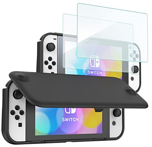 ProCase Flip Cover Case for Nintendo Switch OLED 2021 with 2 Pack Tempered Glass Screen Protector Slim Soft Cover Anti-Scratch Protective Case for Nintendo Switch OLED 2021 -Black