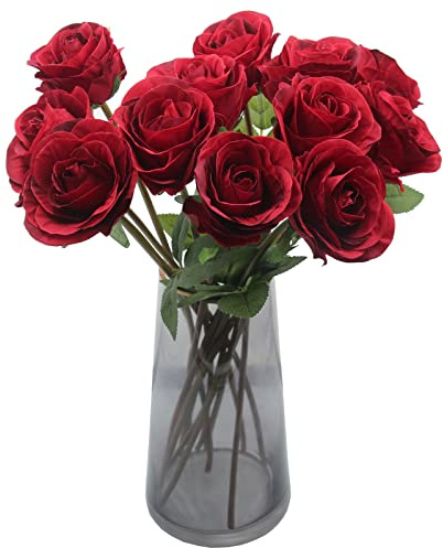 Hananona Artificial Roses Flowers for Flower Arrangement, 12 Pcs Silk Red Rose Bouquet for Home Decoration, Faux Roses for Parties and Wedding Decoration (Red, 12)