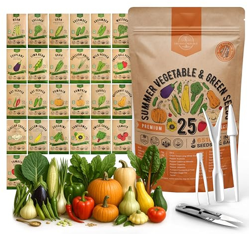 Organo Republic 25 Summer Vegetable Garden Seed Variety Pack - 6,510+ Non-GMO Heirloom Veggie & Greens Seeds for Outdoors & Indoor Home Garden, Including Collards, Pepper, Okra, Onion, Bean, Cucumber