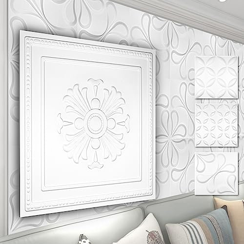 Paneles de pared de PVC 3D - Revestimiento de pared 3D blanco - motivos florales (5QM paquete económico HD050 50x50cm) detrás de la TV techo liso de alto brillo