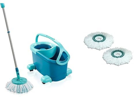 Leifheit Set de fregona Rotatoria Clean Twist Disc Mop Ergo Mobile 2.0 con Ruedas, fregona giratoria & Ersatzkopf Mop Juego de 2 Cabezales de Repuesto para Disco, Fibra icro, Blanco