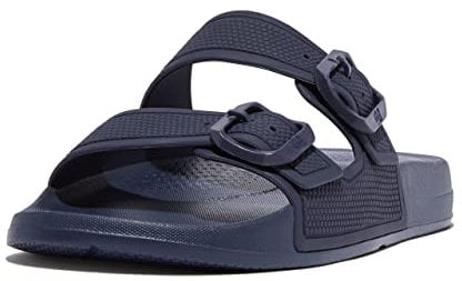 Fitflop Women's IQUSHION Two-BAR Buckle Slides Flat Sandal, Midnight Navy, 7 UK