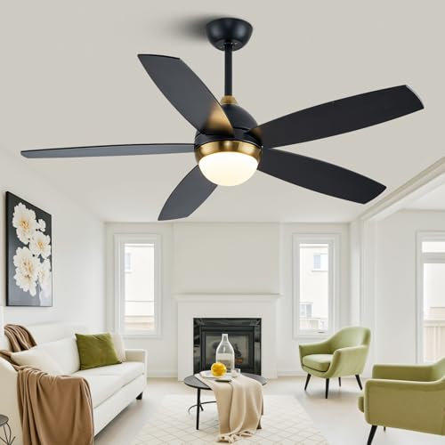 KAPOEFAN Black Ceiling Fan with Light Remote Control, 52 Inch Ceiling Fan with Lights, 3 Colors, 6 Wind Speeds and Timer Function, Modern Ceiling Fan for Bedroom, Living Room (Black Gold)
