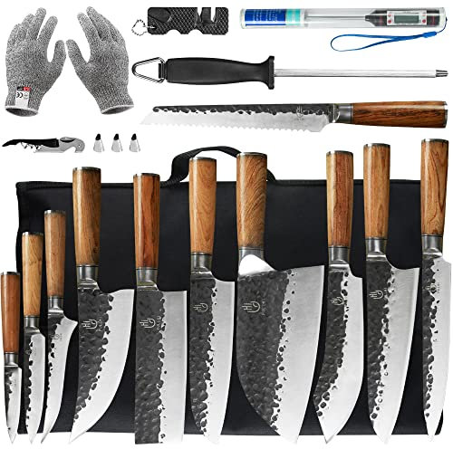 FULLHI Japan Messer Kochmesser Set,Küchenmesser Set mit Messerscheide und Messertasche, High Carbon Edelstahl Kochmesser mit Rosenholzgriff (17)