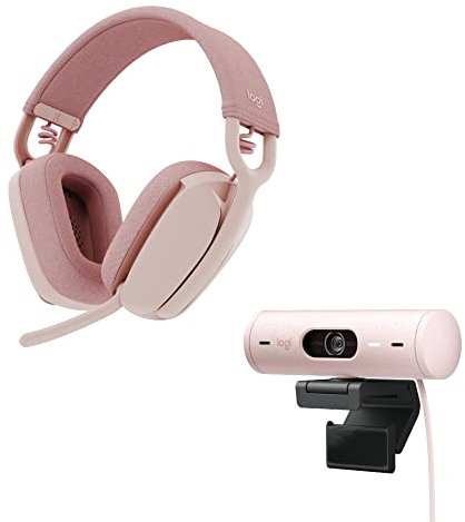 Logitech Brio 500 Full HD-Webcam und Zone Vibe 100 kabellose Kopfhörer mit geräuschunterdrückendem Mikrofon, funktioniert mit Microsoft Teams, Google Meet, Zoom, Mac/PC - Rosa