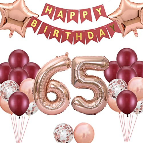 65. Geburtstags Dekorationen Weinrot für Frauen, Birthday Banner Nummer 65 Geburtstags Ballons Stern Folienballons Roségold Rot Konfetti Ballons für ihre Mutter 65 Jahre alt Geburtstag