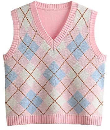 Hyipels Y2K Damen-Pullover, ärmelloses Muster, adretter Stil, gestrickt, bauchfreies Tanktop für Mädchen, Argyle-Pastellrosa, Klein