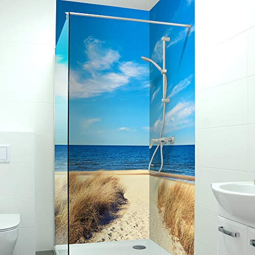 DRUCK-EXPERT Premium Duschrückwand 0,4 mm selbstklebendes Hart-PVC, Größe:3 x B 103 x H 240 cm Hochformat, Muster:Strand Meerblick