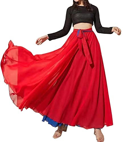 Donne a Doppia Faccia Professionista Pratica Gonna a Ruota di Danza in Chiffon Flamenco a Lungo Spettacolo Grande Gonna Svasata Vestito di Danza del Ventre con Cravatta in Vita BBlurosso S
