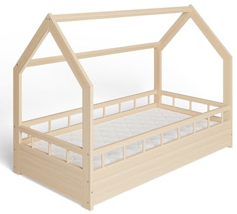 ms factory Hausbett mit Matratze Kinderbett 80x160 cm mit Rausfallschutz und Lattenrost - Einzelbett aus Kiefernholz für Mädchen und Junge - Natur Farblos