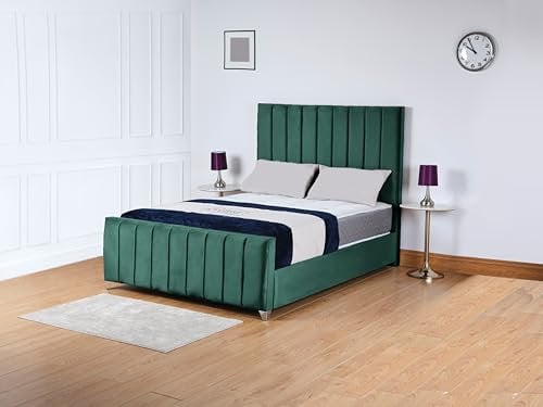 Living Comfort Bedz | Zurich Plush Velvet Bed – Elegant Vertical Lined Headboard & Footboard with Silver Trim Detailing (Green, 4FT6 Double Gas Lift Storage No Mattress)