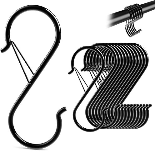 GAOHUI 12 Stück S-Haken zum Einhängen mit Sicherheitsschnalle, 9cm Edelstahl Anti-Drop Aufhängehaken für Utensilien und Schrankstange, Schwarz