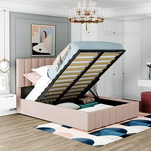 Bettgestell 140X200 Polsterbett, Metallbett Beige Doppelbett und Kopfteil Verstellbares Polsterbett mit Hydraulischem Hubspeicher Schlafzimmer Bett