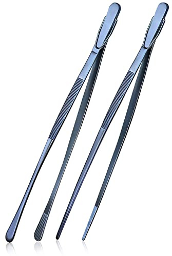 HINMAY 2 Pcs 12-Inch Cooking Tweezers Stainless Steel, Straight Food Tweezers, Professional Kitchen Tweezers for Cooking Repairing and BBQ (Blue)